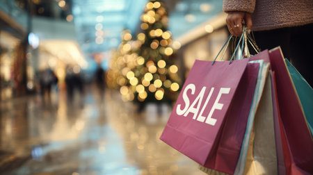 Lifestyle image featuring a person holding shopping bags with a prominent SALE tag. The blurred mall background and seasonal decor create a festive atmosphere, ideal for fashion promotions.の素材