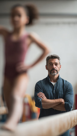 A gymnastics coach with a calm, focused expression observes an athlete performing on a balance beam. The athlete is blurred in motion, set in a minimalist indoor gym environment.の素材