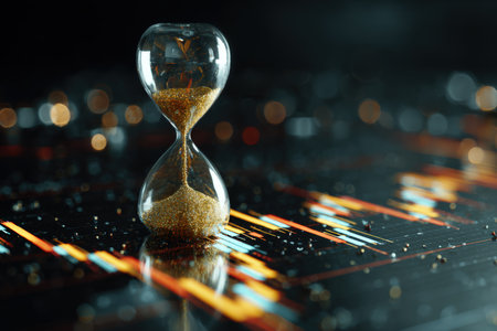 A glass hourglass with sand flowing, positioned on top of financial charts. The scene is set with elegant lighting and a cinematic mood, symbolizing the concept of business time.の素材