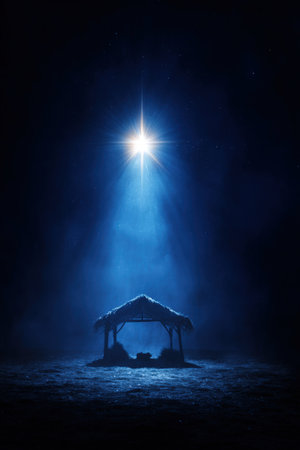 A symbolic image of a manger illuminated by a bright star, set against a deep blue atmosphere, evoking a gentle glow of faith and serenity in a night sky.の素材