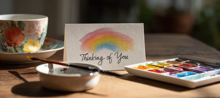 A handmade card featuring a watercolor rainbow and "Thinking of You" note, placed beside a brush and paint palette. The scene is set in a sunny, cozy environment.の素材