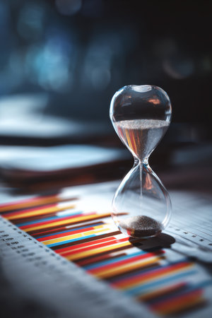 A glass hourglass sits atop colorful bar graphs, symbolizing the urgency of time in business. The image features cinematic soft tones, highlighting the concept of time management.の素材