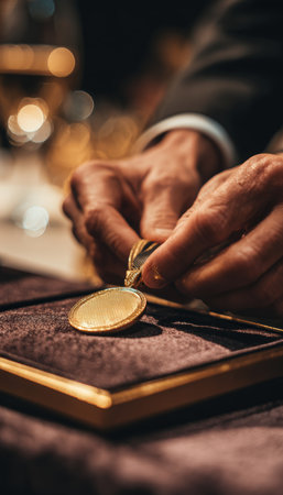 Hands delicately place a gold medal on a velvet presentation tray, set against a softly blurred background. The high-detail studio lighting enhances the luxury award concept.の素材