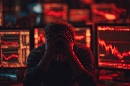 A stock trader appears distressed, head in hands, as red graphs crash on multiple monitors. The dim lighting and dramatic shadows create a cinematic realism in this close-up composition.の素材