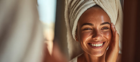 A woman with a towel around her hair applies a natural face mask, smiling in the mirror. The image captures a moment of self-care and self-love with natural lighting and an authentic expression.の素材