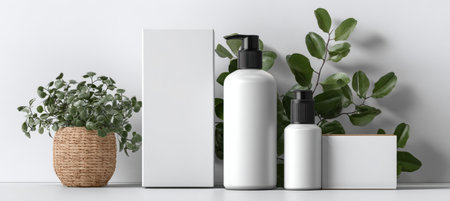 Photorealistic mockup of cosmetic product packaging featuring bottles and a box on a white background. Ideal for e-commerce, showcasing label space and soft shadows for a professional look.の素材