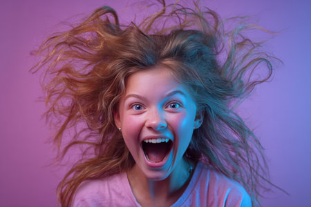 A girl caught mid-scream with her hair flying up, reacting to a minor surprise. The pastel studio backdrop and clean lighting enhance the dramatic, playful expression.の素材