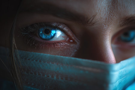 Extreme close-up of a person wearing a medical mask, highlighting piercing blue eyes filled with emotion. The image features dramatic lighting and cinematic realism.の素材