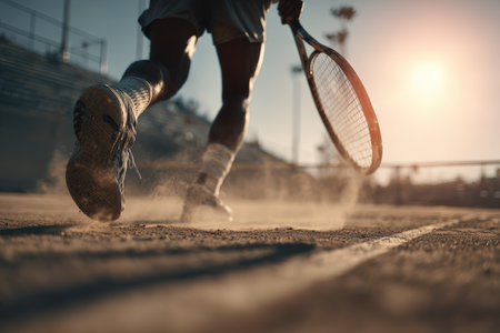 A tennis player powerfully serves on a clay court, muscles flexed, with racket blur indicating speed. Dust rises as warm morning sunlight casts long shadows, creating a photorealistic scene.の素材