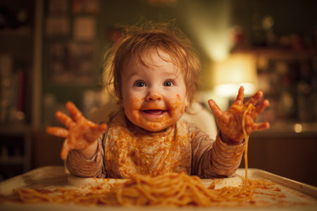 A cute baby with spaghetti and tomato sauce all over their face and hands, smiling in a high chair. The kitchen is brightly lit, highlighting the baby's joyful expression and two little teeth.の素材