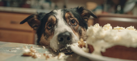 A candid and humorous scene of a dog caught licking a birthday cake on the table, with guilty eyes and frosting on its nose, creating a kitchen disaster moment.の素材