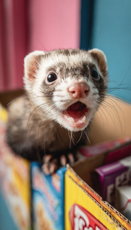 A playful ferret with a surprised expression emerges from a cereal box in a vibrant kitchen setting. This spontaneous moment captures the lively nature of household pets.の素材