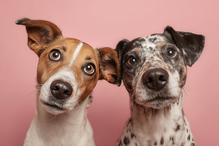 A humorous indoor portrait of a dog and its owner both tilting their heads with confused expressions. The minimalist composition features a solid pastel background, enhancing the comedic effect.の素材