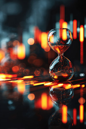 Conceptual macro image of an hourglass reflecting on a glossy desk, surrounded by blurred graphs and glowing light bokeh, creating a fine art realism effect.の素材