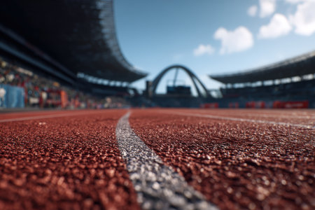 Ground-level perspective of a track and field stadium featuring a sharp red synthetic track in the foreground. The stadium arch is visible in the distance under sunny conditions.の素材