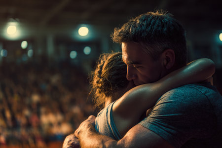 A coach embraces a young athlete, offering support after a difficult loss. The scene captures raw emotion with a blurred audience in the background, enhanced by rich lighting.の素材