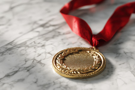Close-up image of a gold medal with a red ribbon resting on a marble podium. The detailed engraving and texture are highlighted by soft studio lighting, set against a clean white background.の素材
