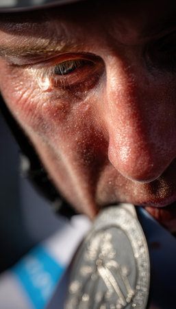 Close-up of a cyclist's emotional face on the podium, showcasing a silver medal and a tear rolling down the cheek. The image features a blurry background and clean lighting.の素材