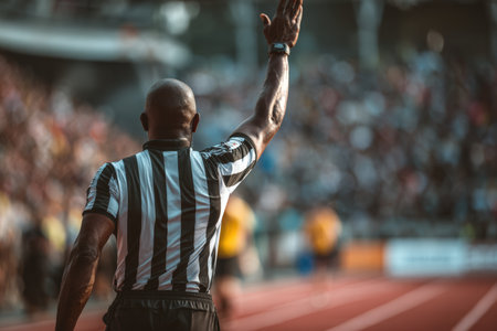 A referee stands at the start line of a track and field event, raising an arm to signal the start. The image captures the referee's posture and body language, set in natural lighting with stadium ambiの素材