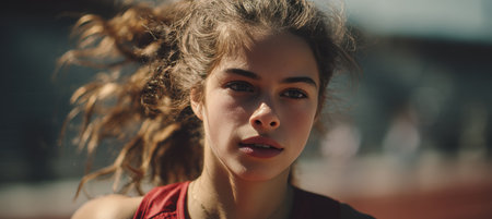 A teenage girl sprints during a track meet, her hair in motion and a determined expression on her face. The stadium background is softly blurred, captured in crisp natural lighting.の素材