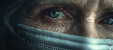 A detailed close-up of a face with tired eyes and wrinkles, wearing a mask. The image conveys endurance and compassion, captured in a cinematic tone.の素材
