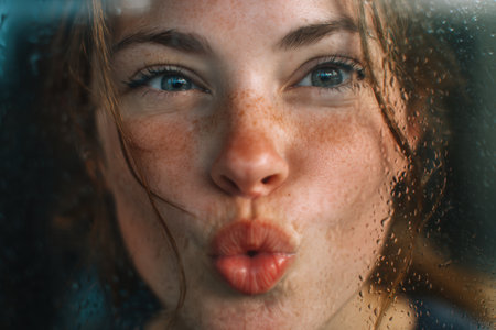A humorous close-up portrait of a girl pressing her face against a window, with her nose squished and lips puckered. Captured in natural lighting, this image exudes spontaneity and fun.の素材