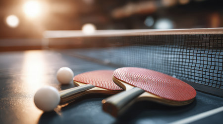 Professional stock photo of table tennis paddles crossed over a net on a ping pong table. Bright overhead lighting and shallow depth of field create a dramatic, focused effect.の素材