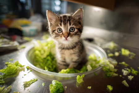 A cute kitten sits inside a salad bowl on a kitchen counter, surrounded by spilled lettuce. The kitten's curious expression captures a funny and spontaneous moment.の素材
