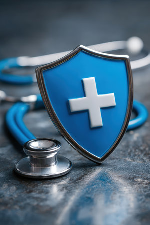 A glossy blue shield with a white cross symbolizes health insurance, placed beside a stethoscope on a clinical background. The image features sharp and elegant details.の素材