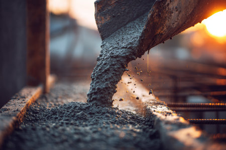 A construction worker pours wet concrete from a chute at a building site. The image captures the detailed texture of the cement flow, enhanced by golden-hour lighting.の素材