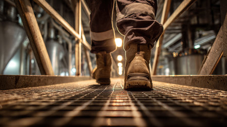 A factory inspector walks down metal catwalks, with boots reflecting light from below. The image captures a cinematic perspective, highlighting industrial safety and inspection.の素材