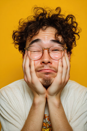 A man humorously mimics crying with a protruding lower lip and hands on cheeks. The high-key lighting and pastel yellow background enhance the playful expression.の素材