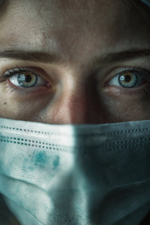 Close-up of a person wearing a medical mask, highlighting emotional depth in their eyes. The image features cinematic lighting and realism, capturing a sense of introspection.の素材
