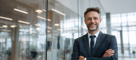 A confident executive smiles in a bright, modern glass office. The setting features neutral colors and contemporary design, embodying leadership and professionalism in a corporate environment.の素材