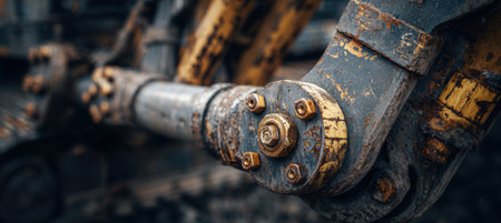 Close-up macro shot of an excavator's hydraulic joints and pipes, showcasing detailed engineering textures and rugged industrial design. Ideal for construction and machinery themes.の素材