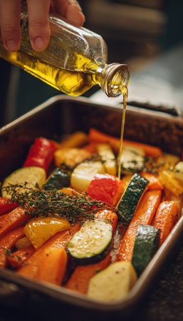A hand pours olive oil over a baking pan filled with roasted carrots, zucchini, bell peppers, and thyme. The image captures the warm tones and realism of cooking in progress.の素材