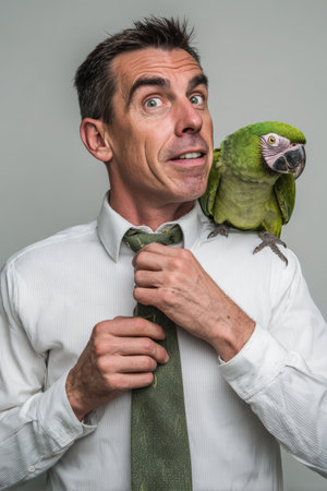 A man in a white shirt adjusts his tie while a parrot lands on his shoulder, creating a startled yet amused expression. The minimal background emphasizes the humorous interaction.の素材