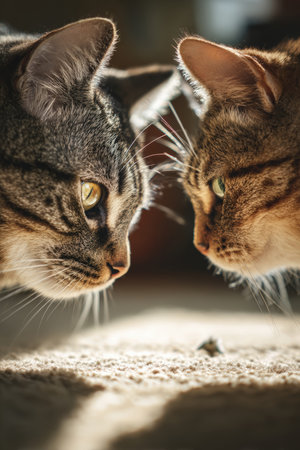 Two cats engage in a tense staredown over a toy mouse on a cozy living room floor. Soft sunlight enhances the comedic undertones of this playful moment.の素材