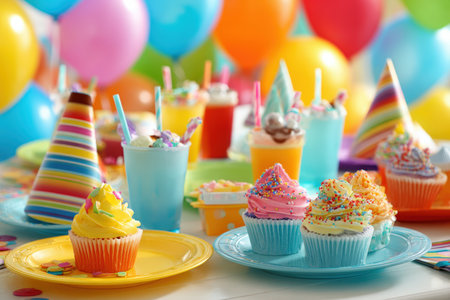 A lively kids' birthday party table adorned with colorful cupcakes, balloons, plates, juice boxes, and party hats. The vibrant tones and joyful photorealism create a festive atmosphere.の素材