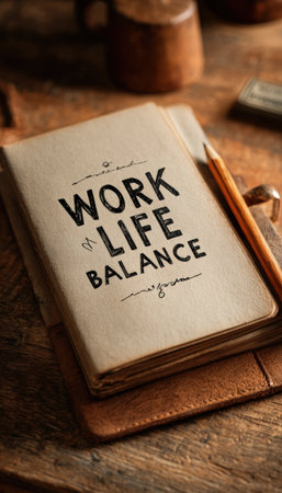 A notebook with a handwritten "Work Life Balance" note, symbolizing productivity and mindfulness. The image features warm, cinematic tones, enhancing its inspirational theme.の素材