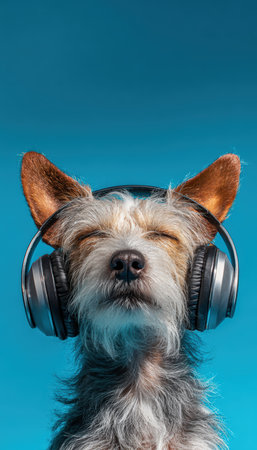 A dog wearing headphones with eyes closed, appearing to enjoy music. Set against a solid blue background, this stylized image is perfect for playful and modern branding concepts.の素材