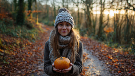 A woman in a knit hat and scarf holds a pumpkin on a forest path covered in fallen leaves. The scene is illuminated by the warm glow of golden hour, capturing the essence of autumn.の素材
