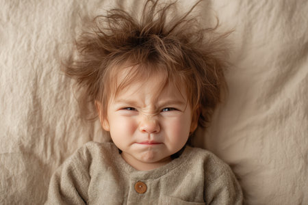 A baby boy makes a grumpy face with disheveled hair and squinted eyes, waking up on a soft beige bed. The cozy textures add warmth to the humorous and candid moment.の素材