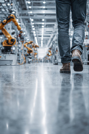 An engineer in boots and jeans walks across a polished factory floor. Robotic arms operate in the background, showcasing a futuristic production facility with a modern industrial aesthetic.の素材