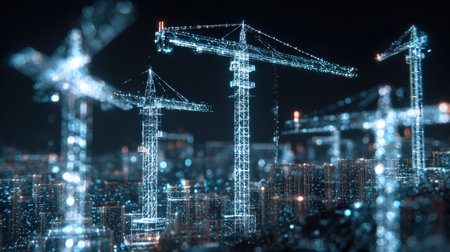 A futuristic cityscape featuring glowing cranes assembling buildings made of light particles. The digital construction scene highlights advanced technology and cyber architecture.の素材