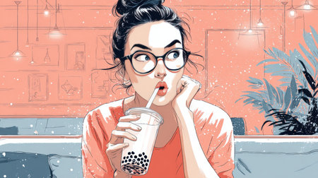 A woman with wide eyes and puffed cheeks reacts humorously after sipping too many pearls from her bubble tea in a bright, modern cafe. The setting is lively and contemporary.の素材