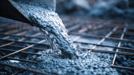 Close-up of concrete flowing from a chute onto a rebar grid. The image captures macro texture details with dramatic shallow focus, highlighting construction materials.の素材