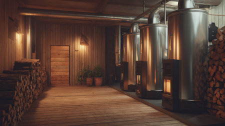 Cinematic industrial-style interior featuring stainless steel boilers and neatly stacked wood fuel storage. The detailed realism highlights an eco-friendly heating system.の素材
