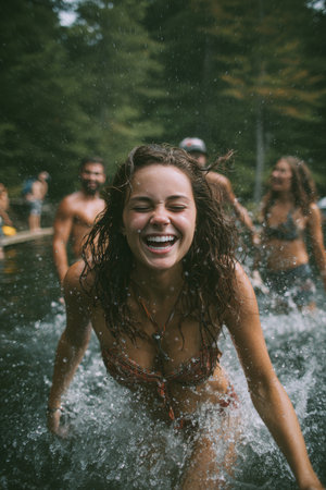 A woman with a joyful expression jumps into a lake, creating a dramatic splash. Her friends cheer in the background, surrounded by a lush forest, capturing a moment of summer fun.の素材