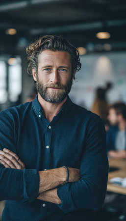 A confident corporate leader poses in a modern workplace, with a blurred team working in the background. The image features cinematic focus and neutral tones, highlighting leadership.の素材